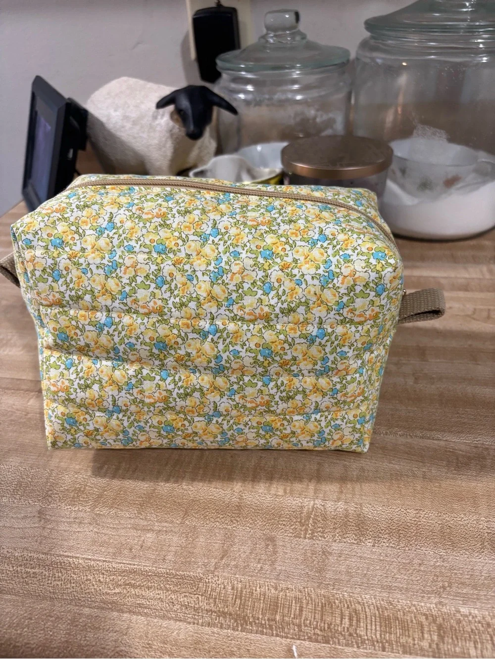 Floral Quilted Yellow Cosmetic Pouch, handmade